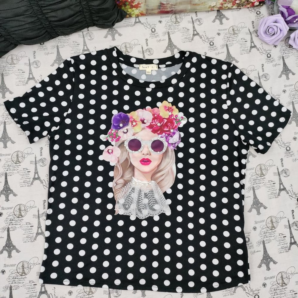 Love J Short Sleeve Top Size L Multi Color Polka Dot